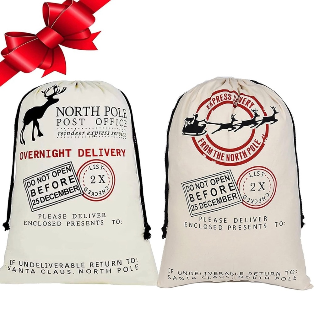New 2Pcs Large Santa Burlap Sack Christmas Gift Bags with Drawstring 27"x19"